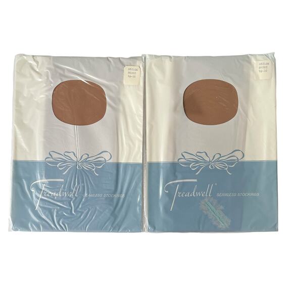 1960s 2 Pairs Treadwell Seamless Agilon Beige Irregular Stockings Sz 9-1/2-10 - Picture 3 of 3